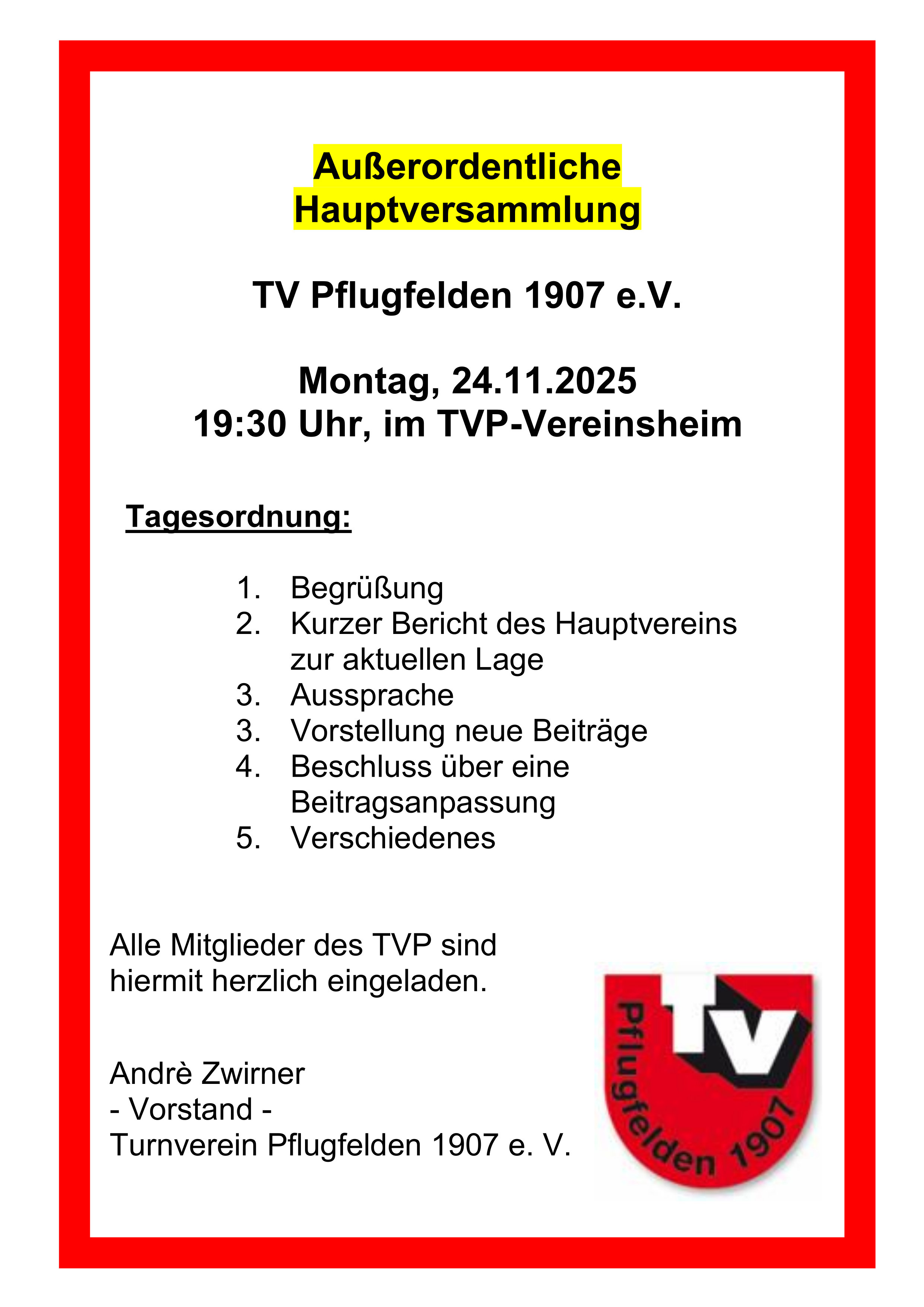 Einladung außerordentlich HV